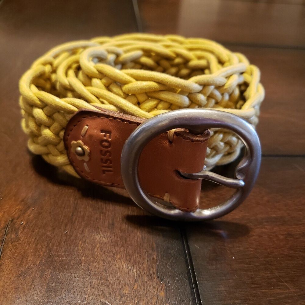 Fossil Braided Rope Belt Small Yellow Western Boho Silver Buckle Leather Accent